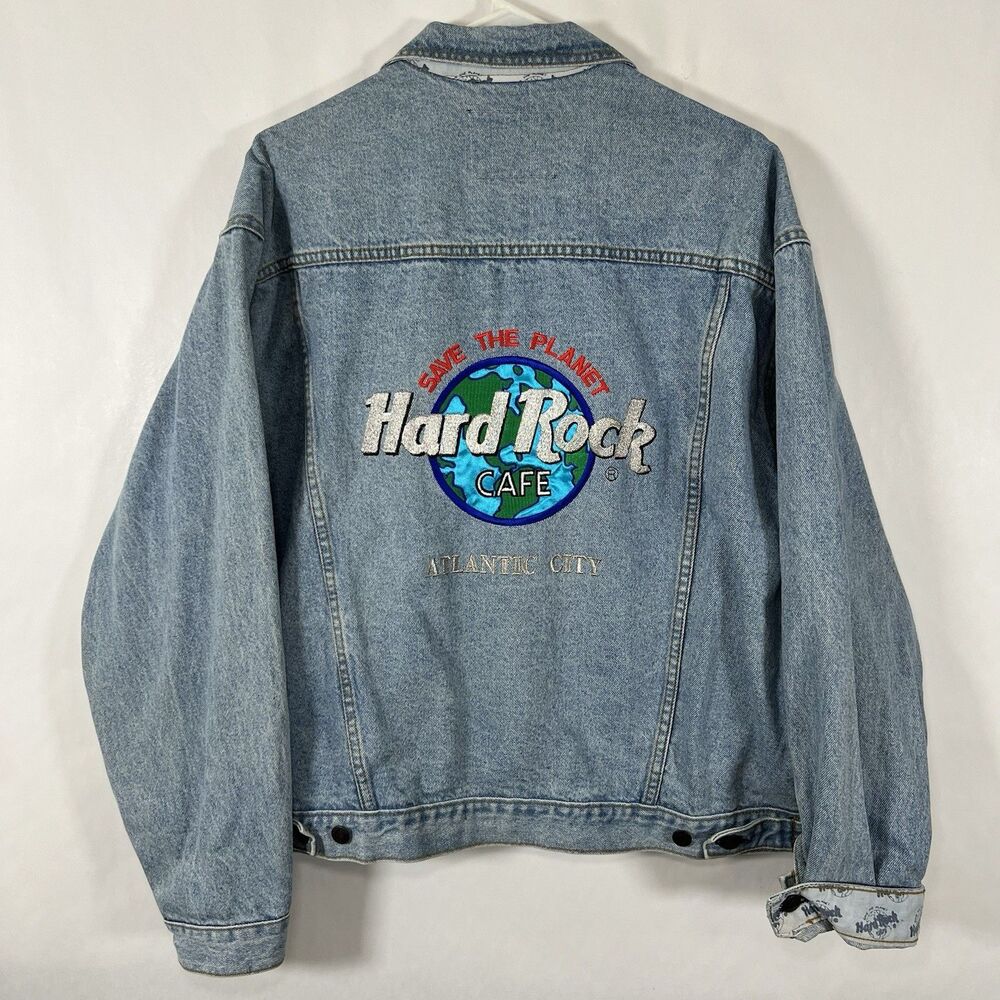 Vintage 90s Hard Rock Cafe Denim Jacket Mens Large Atlantic City Save The Planet